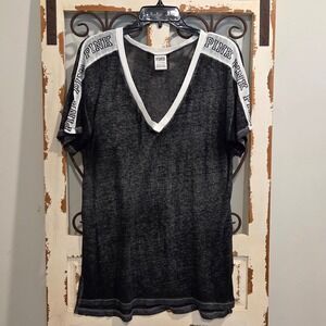 PINK Victoria's Secret Gray Burnout V-Neck T-Shirt Tunic Logo Shoulder Tape S